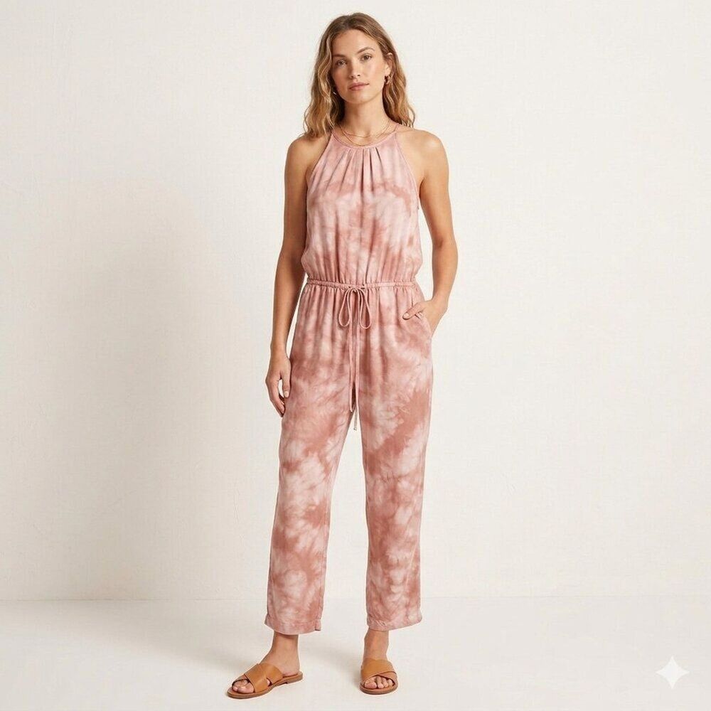 CLOTH & STONE Anthropologie Yashi Jumpsuit Large Pink Tie Dye Tencel Halter